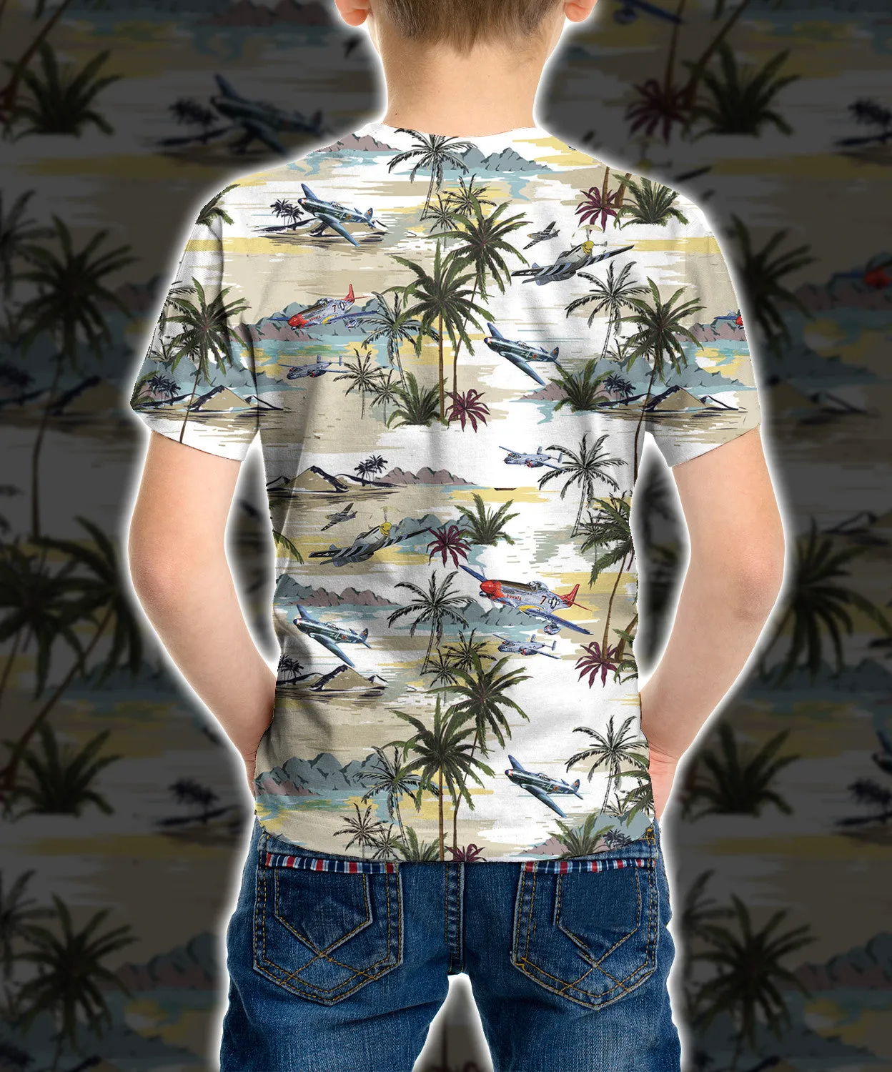 3D Aircraft Hawaiian Pattern Unisex Short Sleeve Kid Tshirt QT211711Wc
