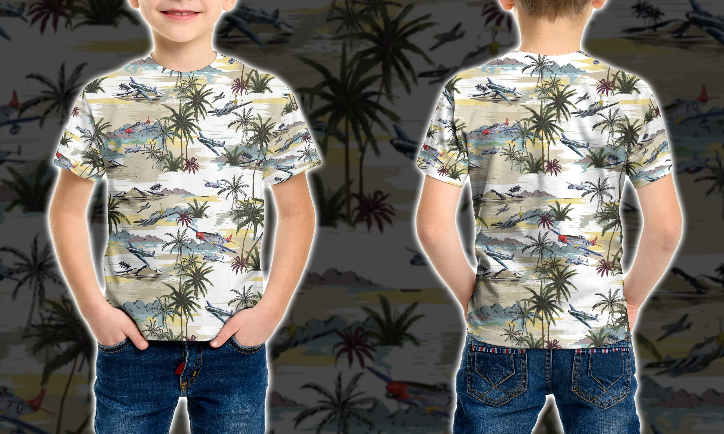 3D Aircraft Hawaiian Pattern Unisex Short Sleeve Kid Tshirt QT211711Wc