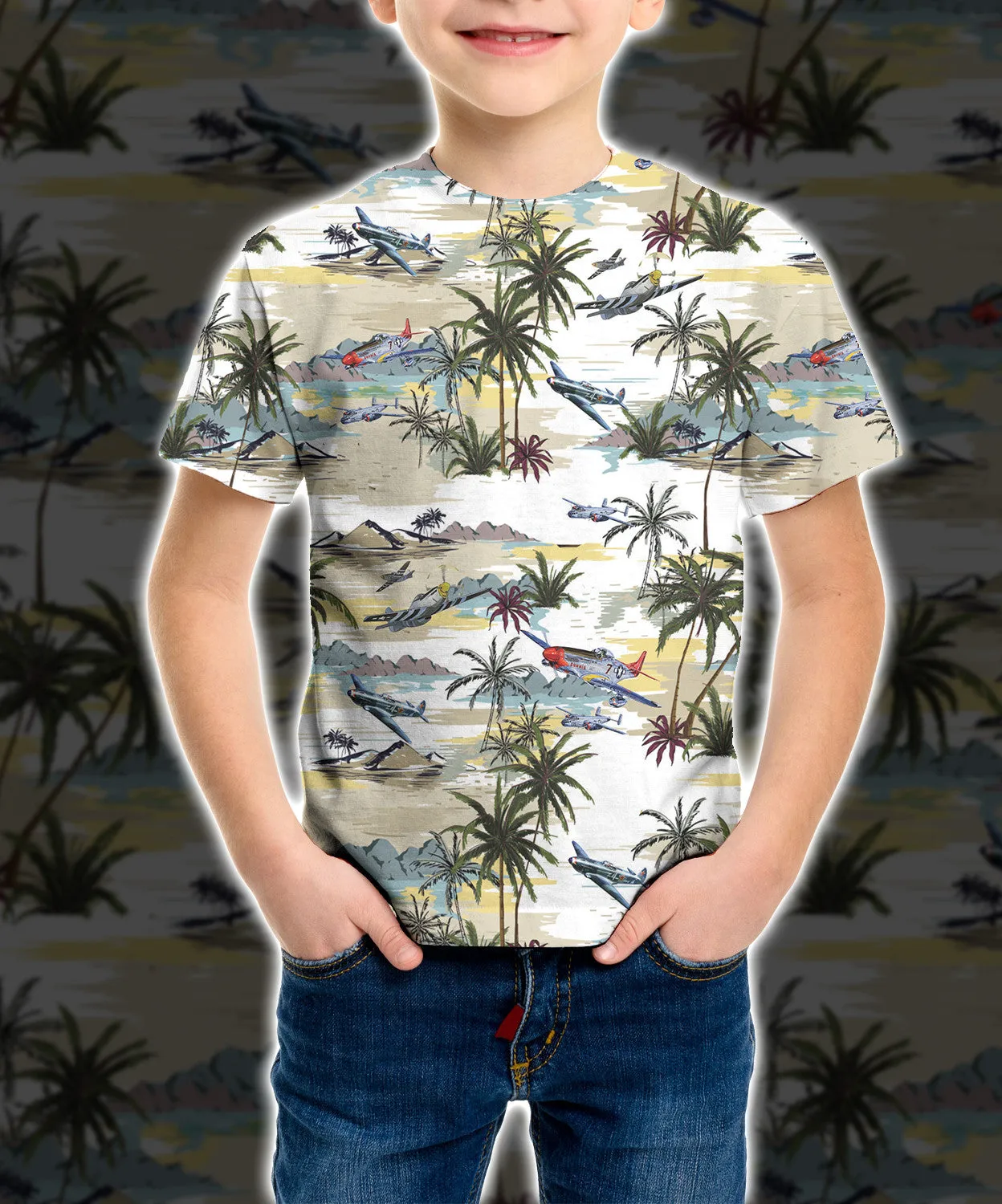 3D Aircraft Hawaiian Pattern Unisex Short Sleeve Kid Tshirt QT211711Wc