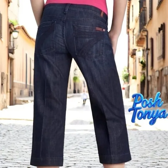 7 For All Mankind Womens Capri Jeans, Mid Rise Dojo, Dark Wash Denim, Size 28