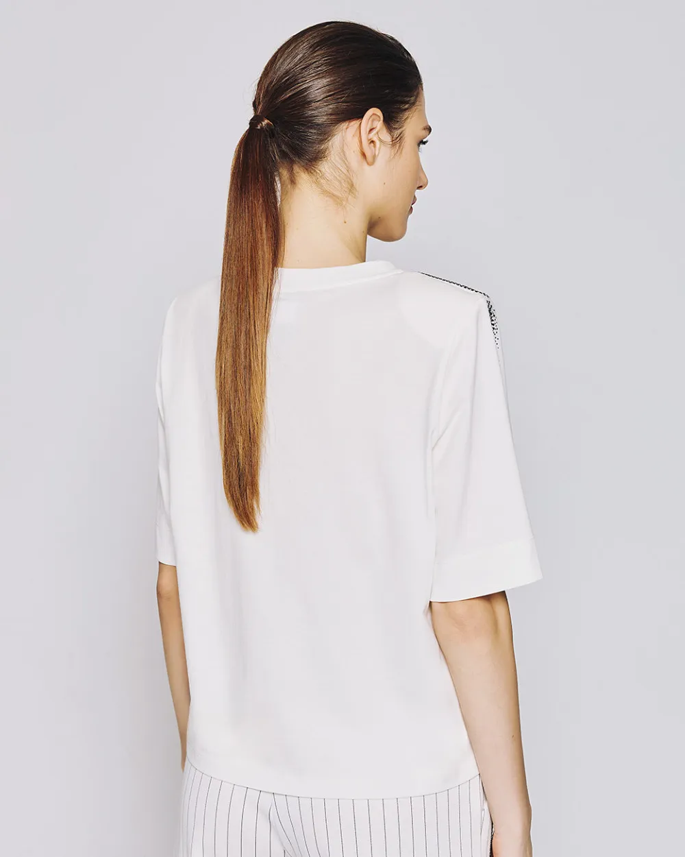 Access Fashion Rhinestone Shoulder Cotton T-Shirt