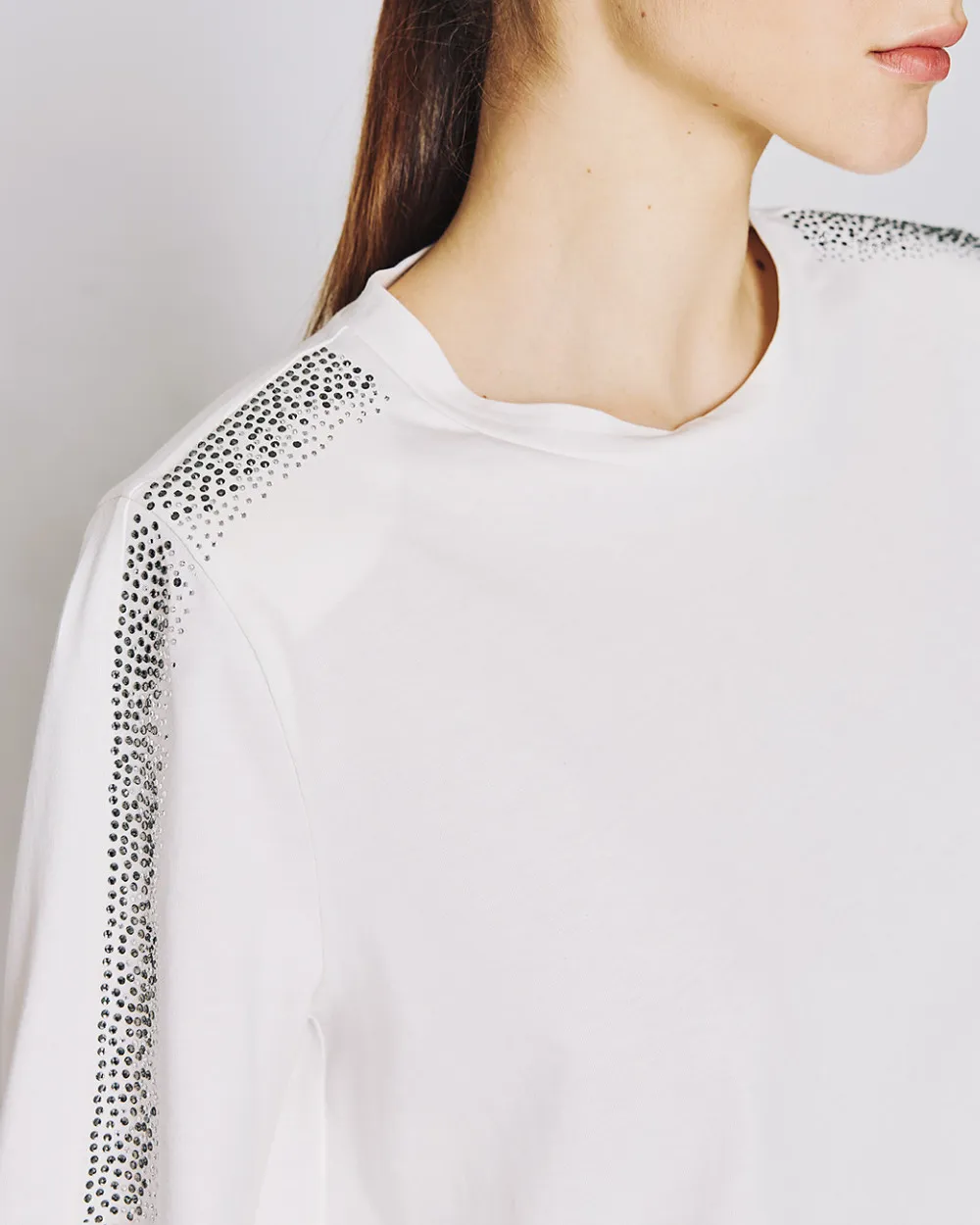 Access Fashion Rhinestone Shoulder Cotton T-Shirt