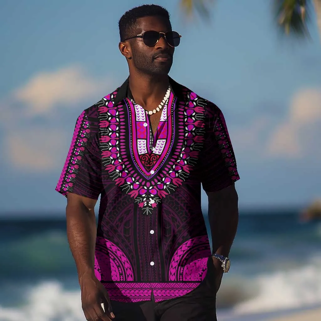 African Dashiki and Polynesian Pattern Hawaiian Shirt Pink LT9