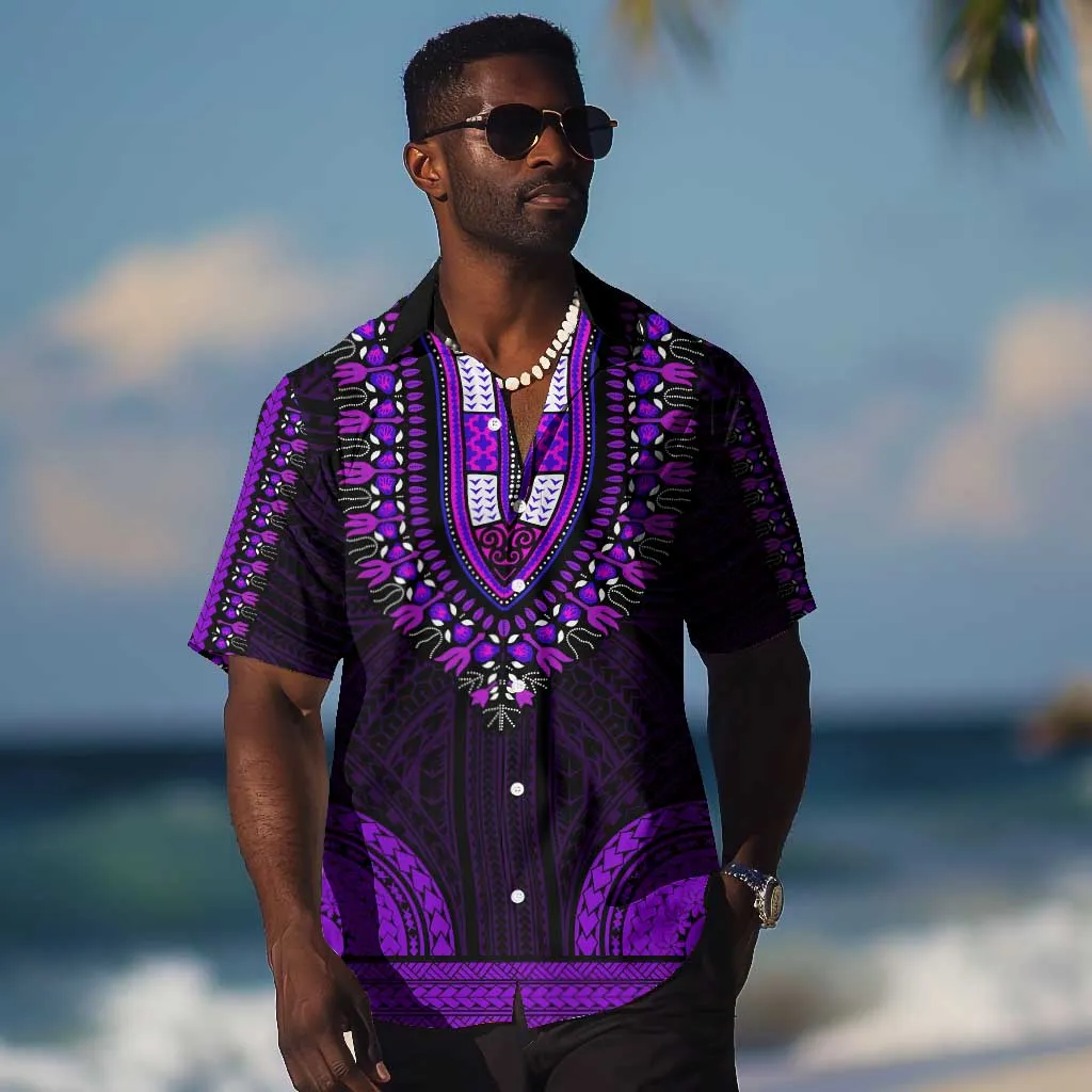 African Dashiki and Polynesian Pattern Hawaiian Shirt Purple LT9
