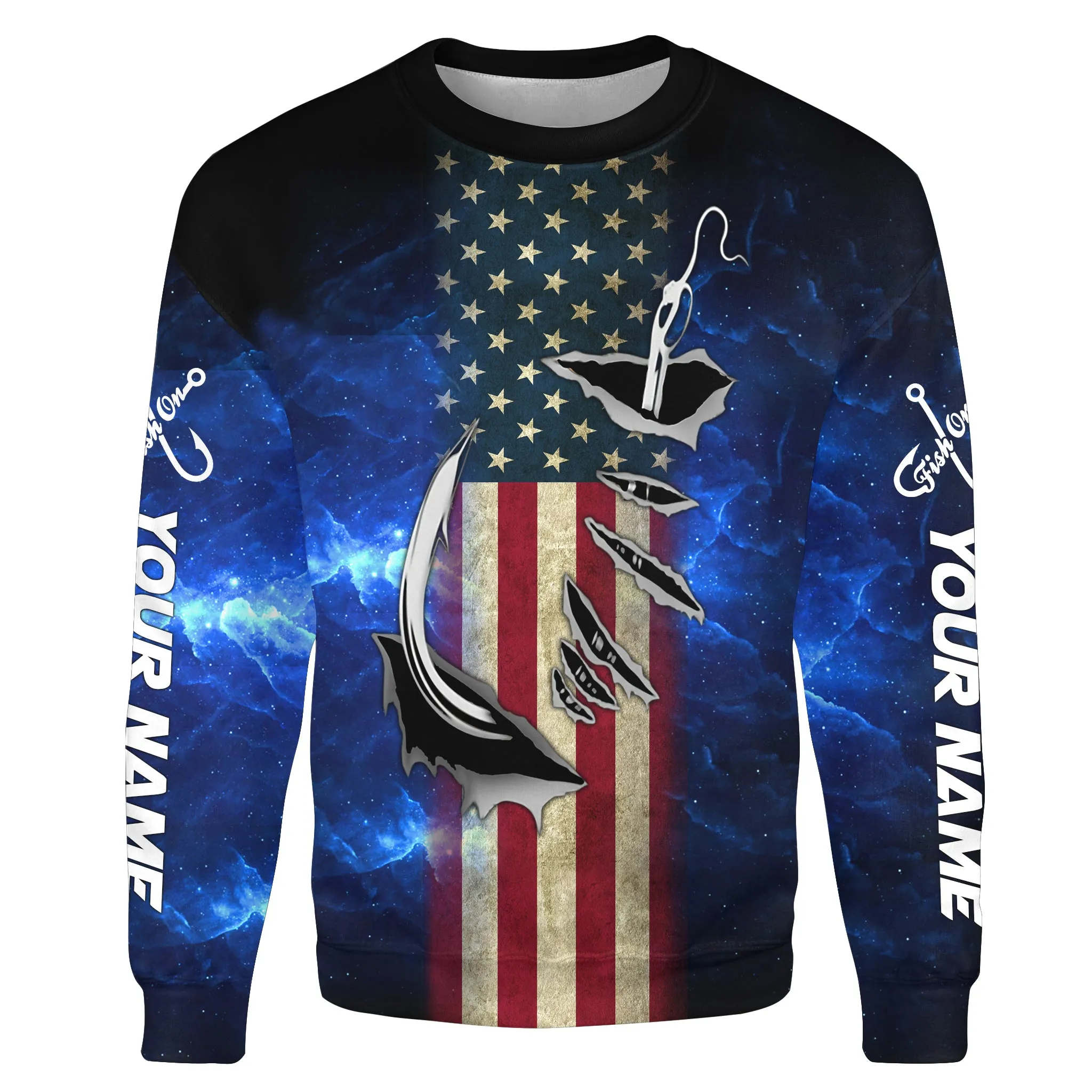 American flag fish hook blue galaxy fishing Custom fishing tournament Sweatshirt - NPQ589