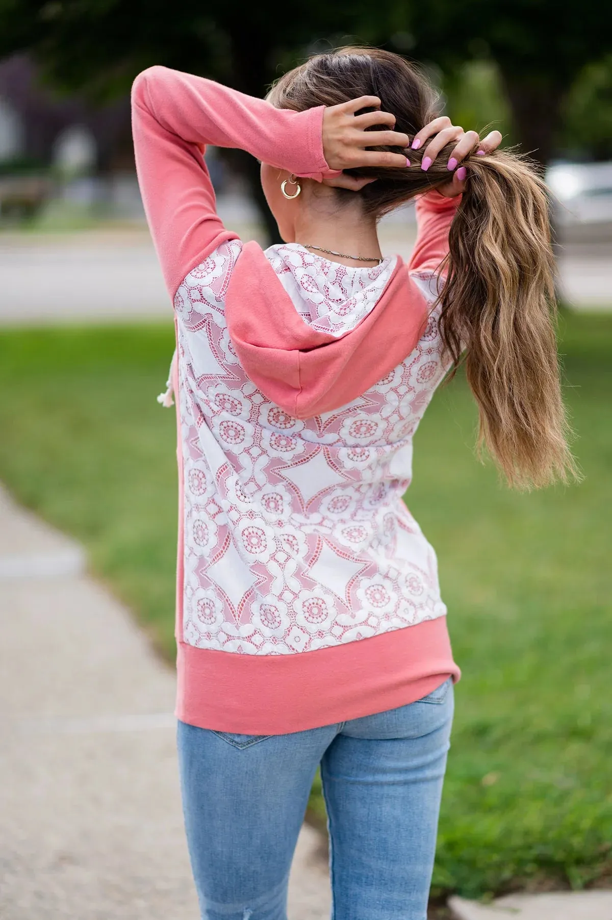 Ampersand Halfzip Hoodie- Coral & White Lace