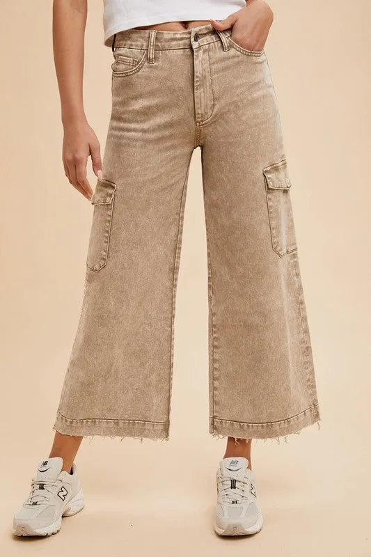 Annie Wear Raw Hem Wide-Leg Jeans with Cargo Pockets