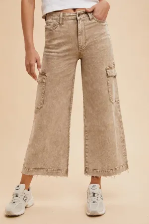 Annie Wear Raw Hem Wide-Leg Jeans with Cargo Pockets