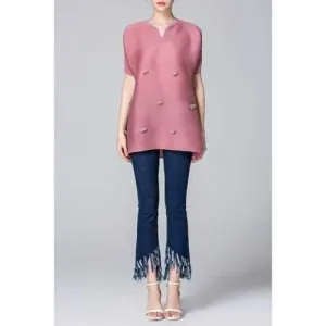 Appliqued A-Line Top   Frayed Jeans Twinset - Blue And Pink M
