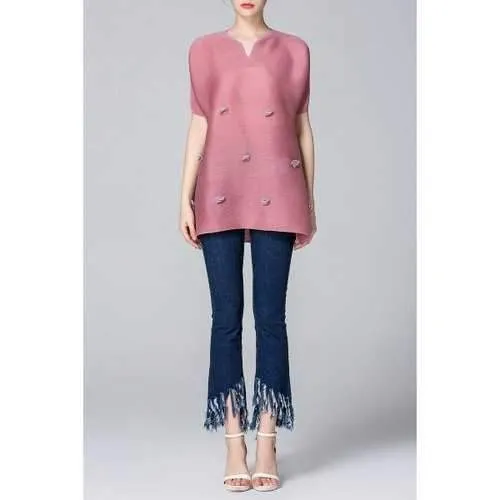 Appliqued A-Line Top   Frayed Jeans Twinset - Blue And Pink M