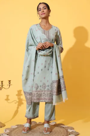 Aqua Green Jacquard Embroidered Straight Kurta, Palazzo and Dupatta Set
