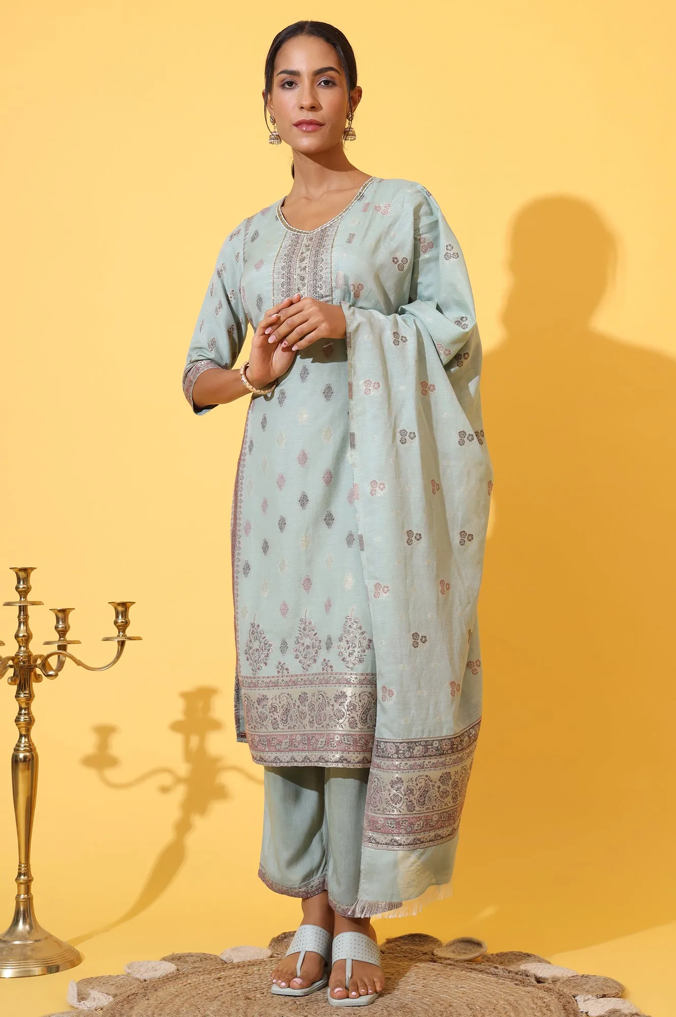 Aqua Green Jacquard Embroidered Straight Kurta, Palazzo and Dupatta Set