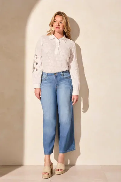 Audrey Light Denim Pleated Wide Leg Jeans