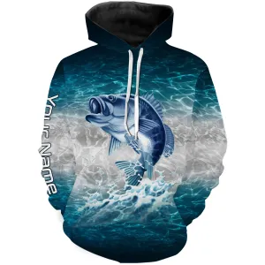 Bass fishing blue sea water camo Custom name fishing shirts jerseys  | Hoodie - NPQ864