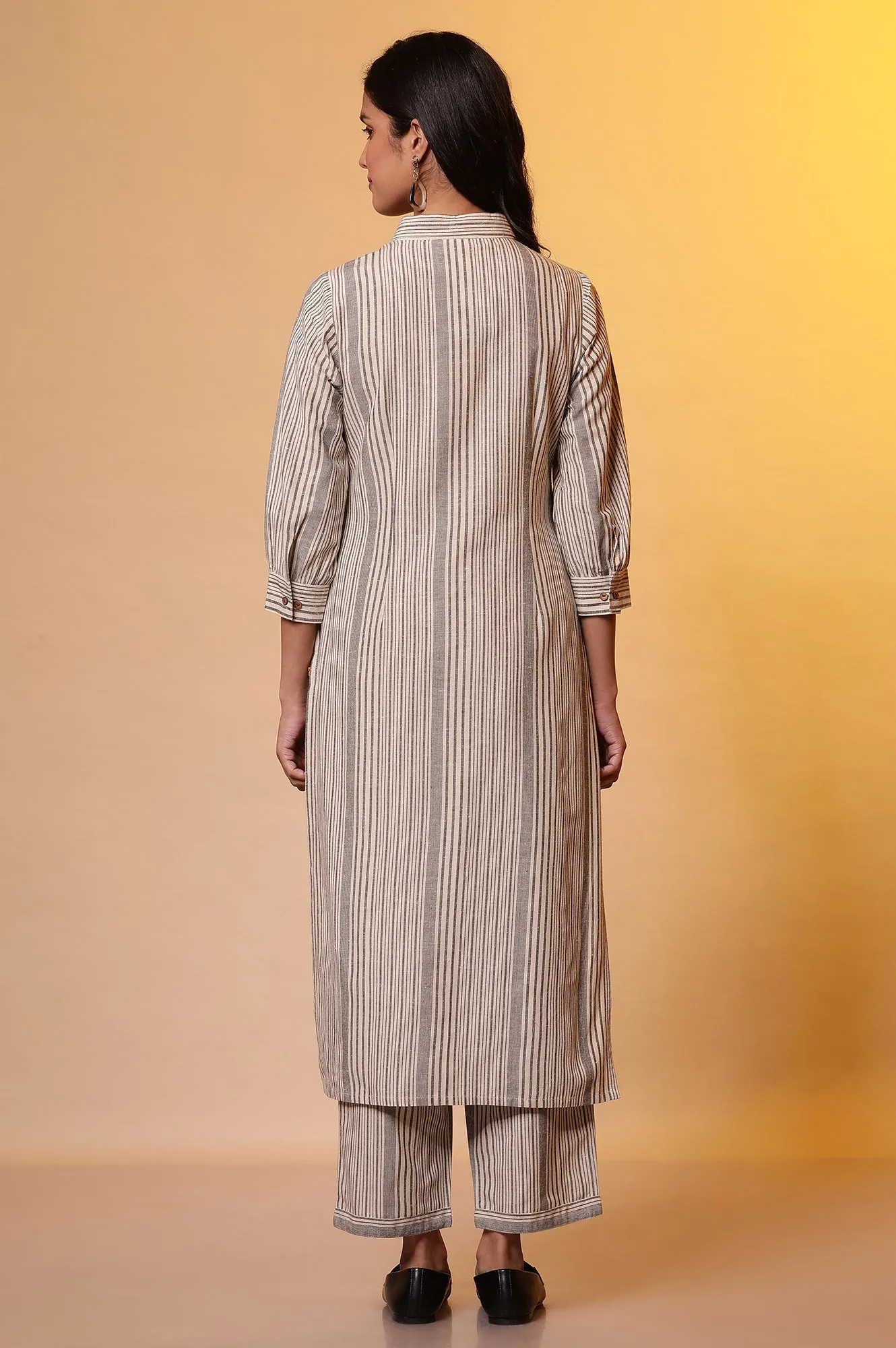 Beige Stripe Shirt Collar Kurta and Palazzo Set