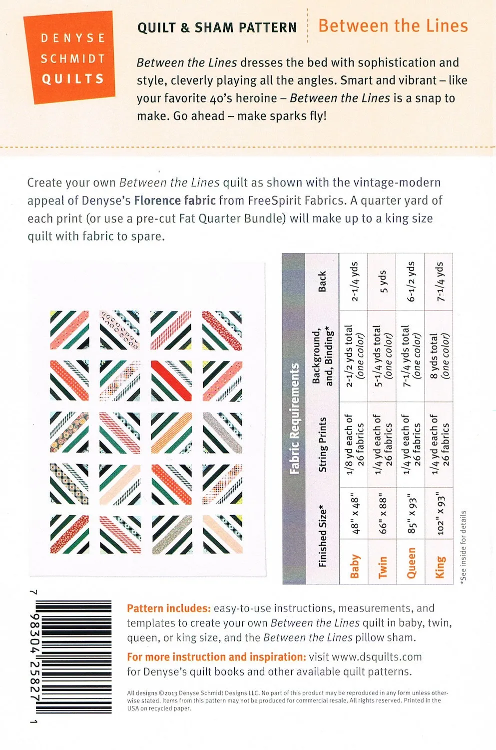 Between The Lines quilt and sham pattern by Denyse Schmidt
