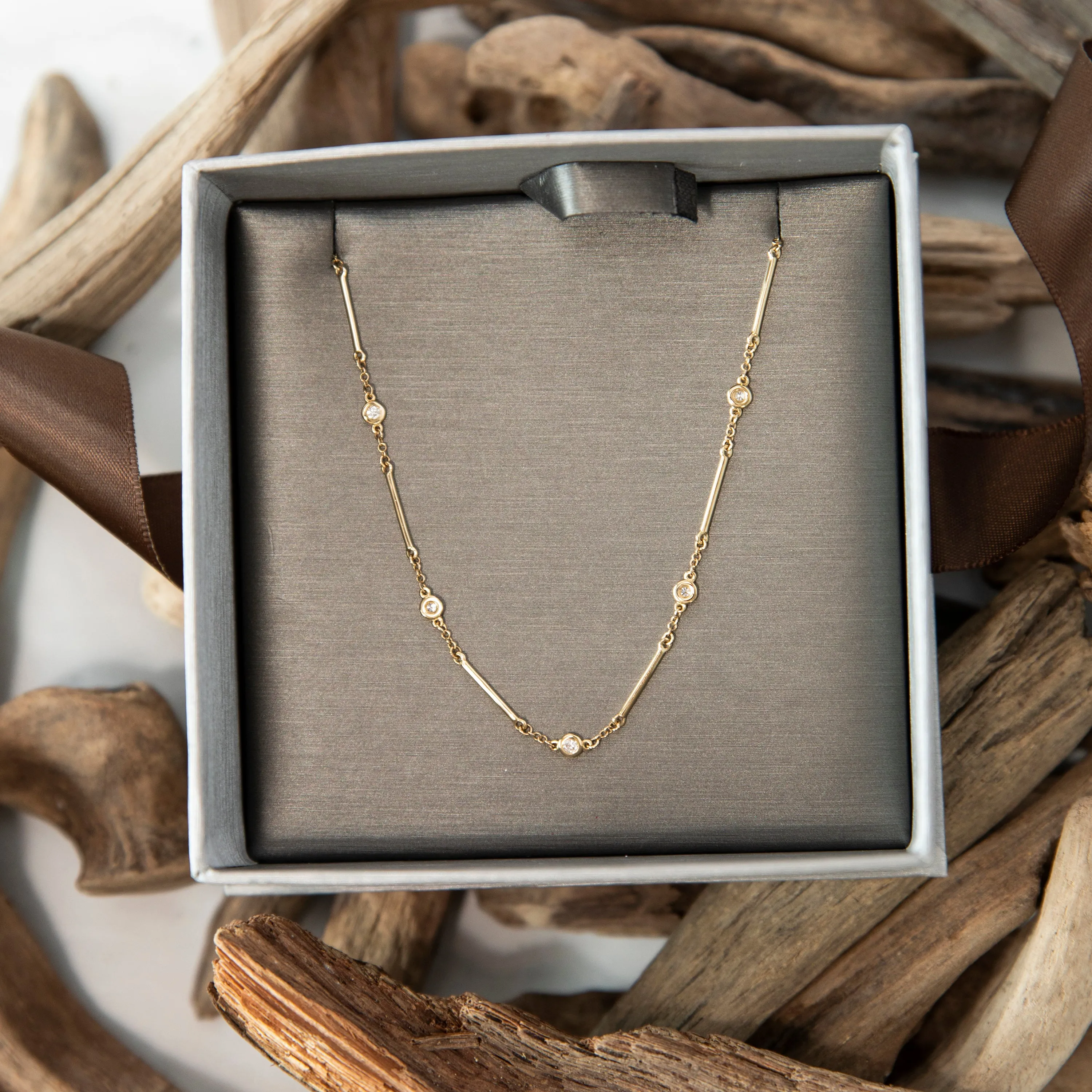 Bezel Set Diamond Bar Station Necklace in 14k Yellow Gold