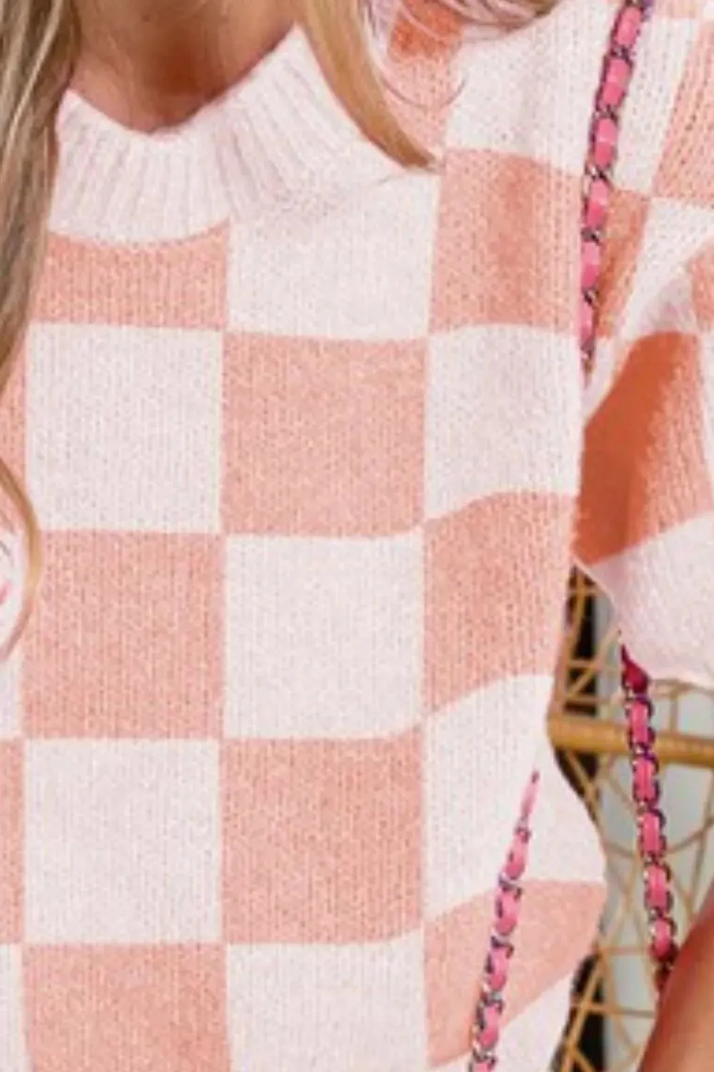 BiBi Check Pattern Short Puff Sleeve Sweater Top