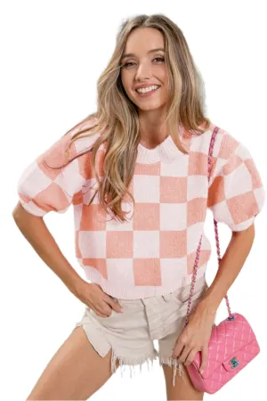 BiBi Check Pattern Short Puff Sleeve Sweater Top