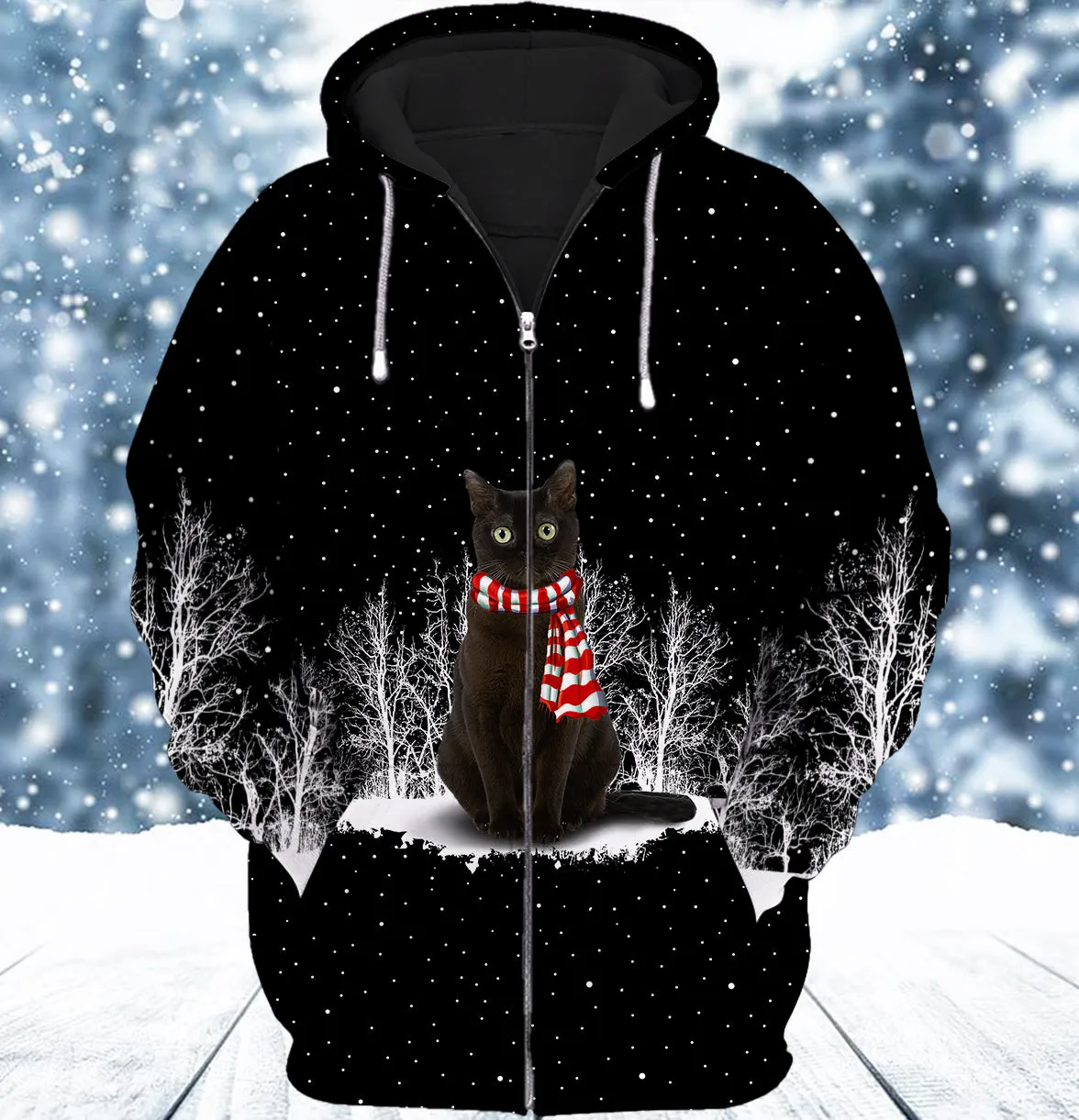 Black Cat And Winter Night 3D Full Print Shirts