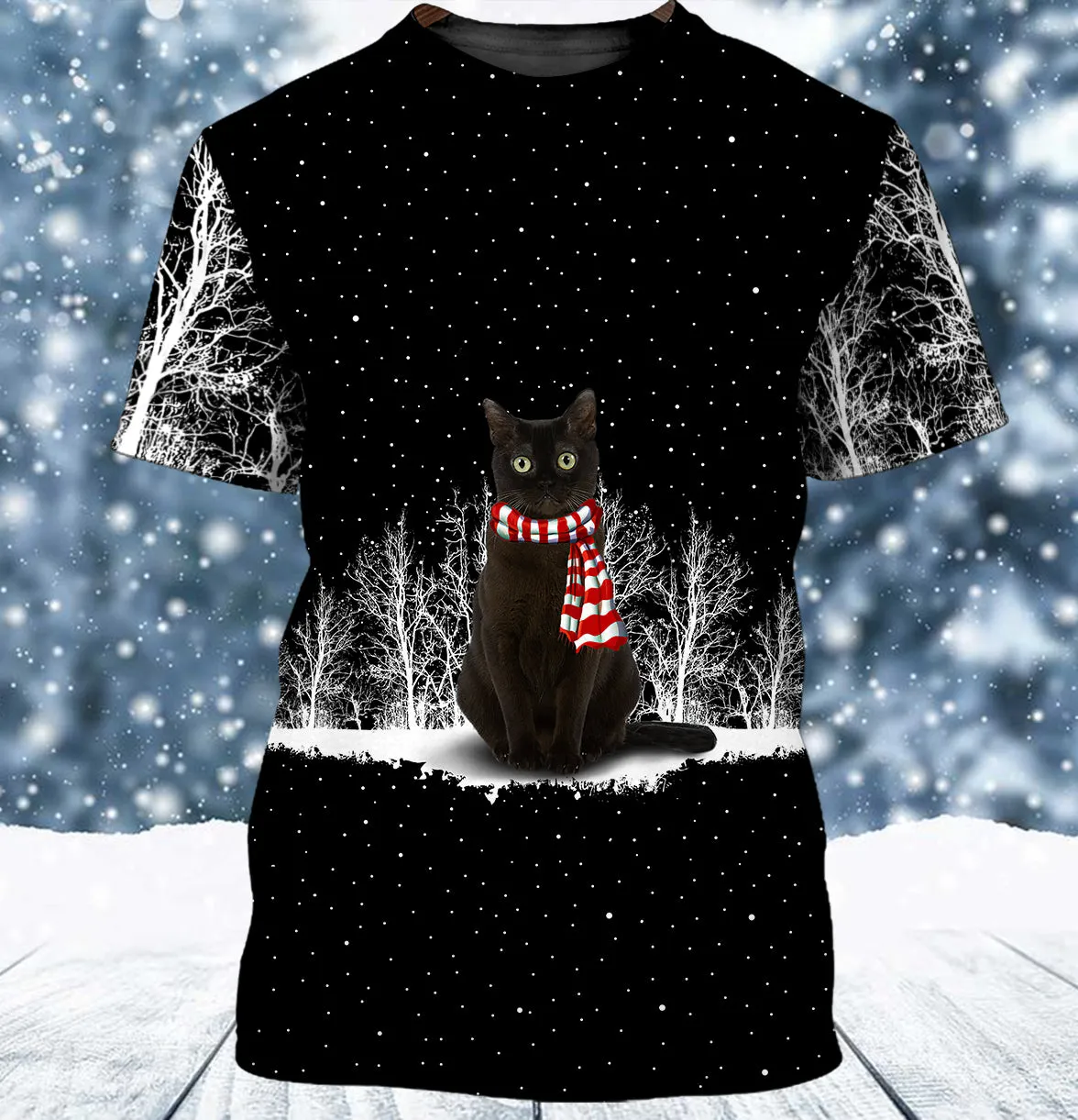 Black Cat And Winter Night 3D Full Print Shirts