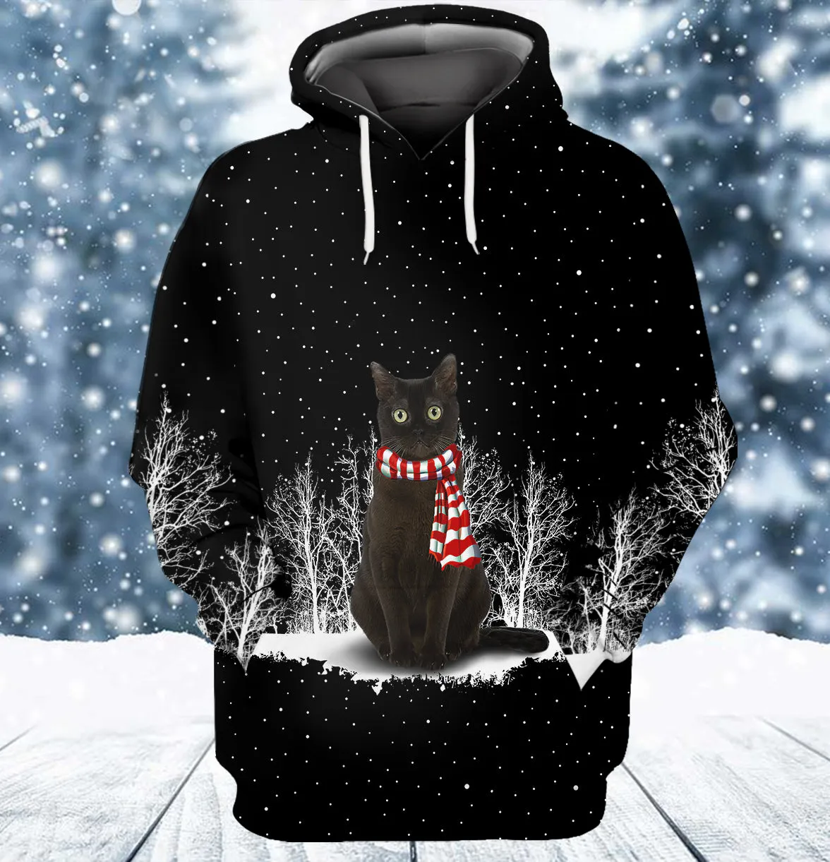 Black Cat And Winter Night 3D Full Print Shirts