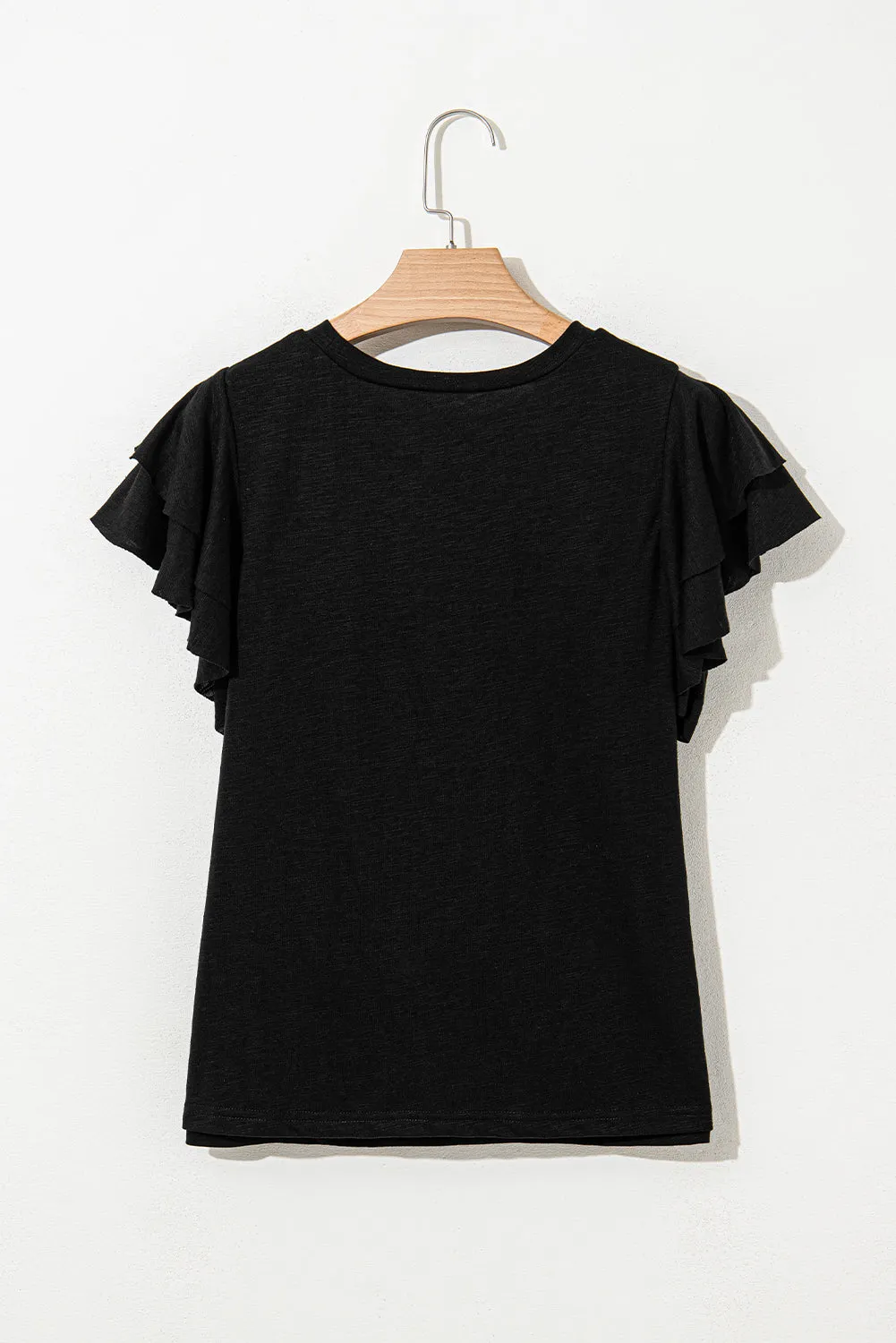 Black Layered Ruffle Short Sleeve Round Neck Top for Women
