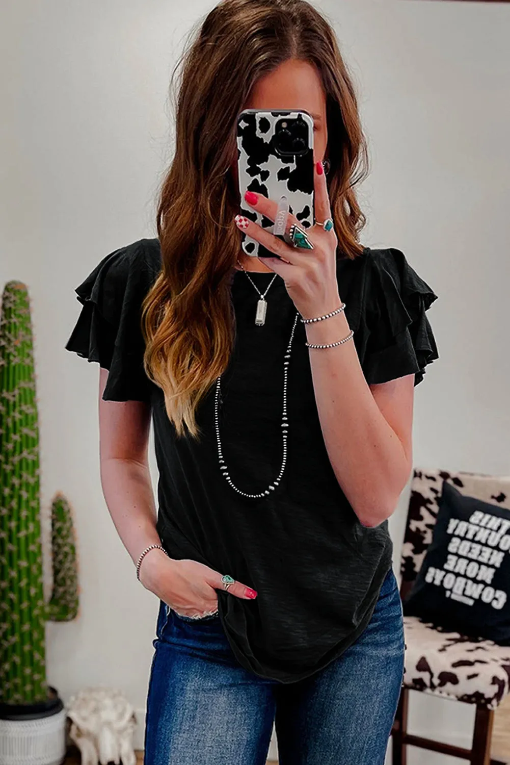 Black Layered Ruffle Short Sleeve Round Neck Top for Women