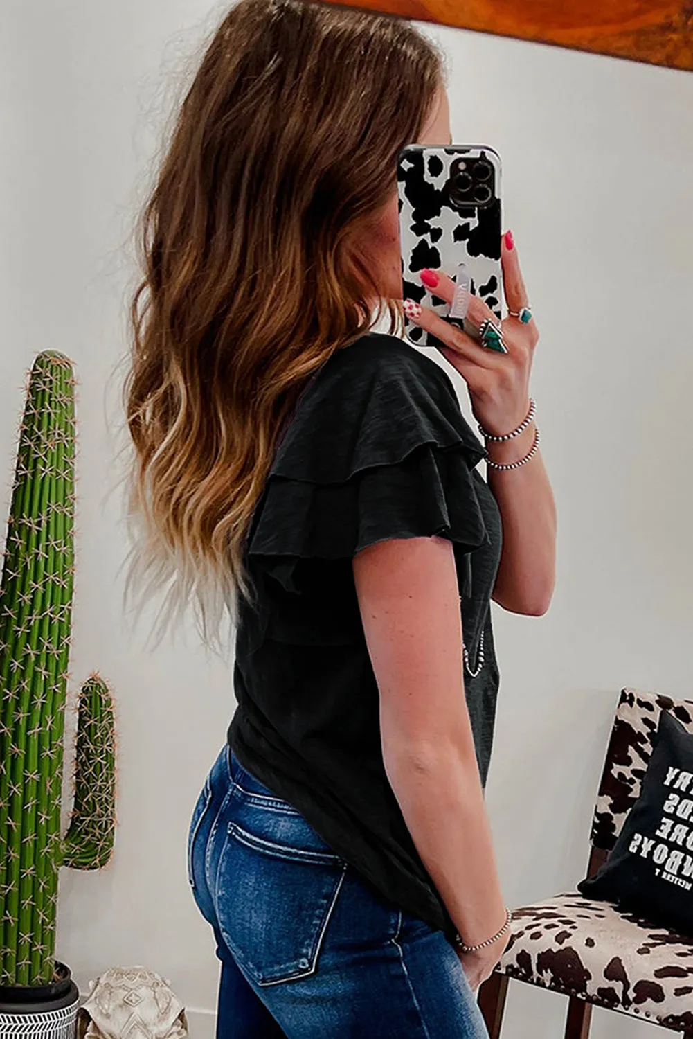 Black Layered Ruffle Short Sleeve Round Neck Top for Women