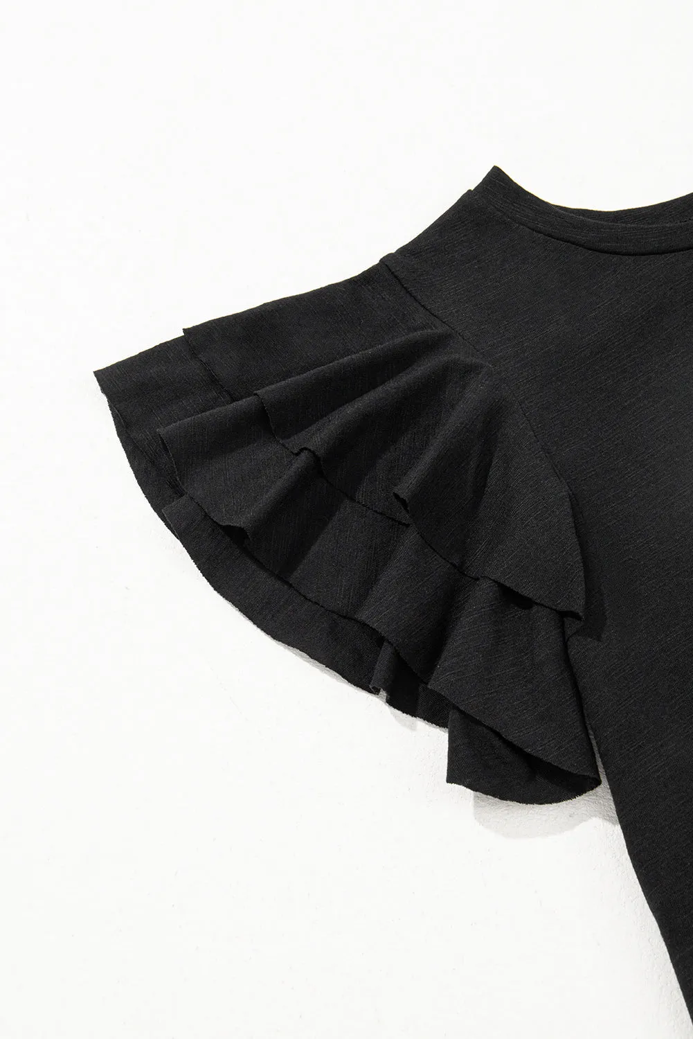 Black Layered Ruffle Short Sleeve Round Neck Top for Women