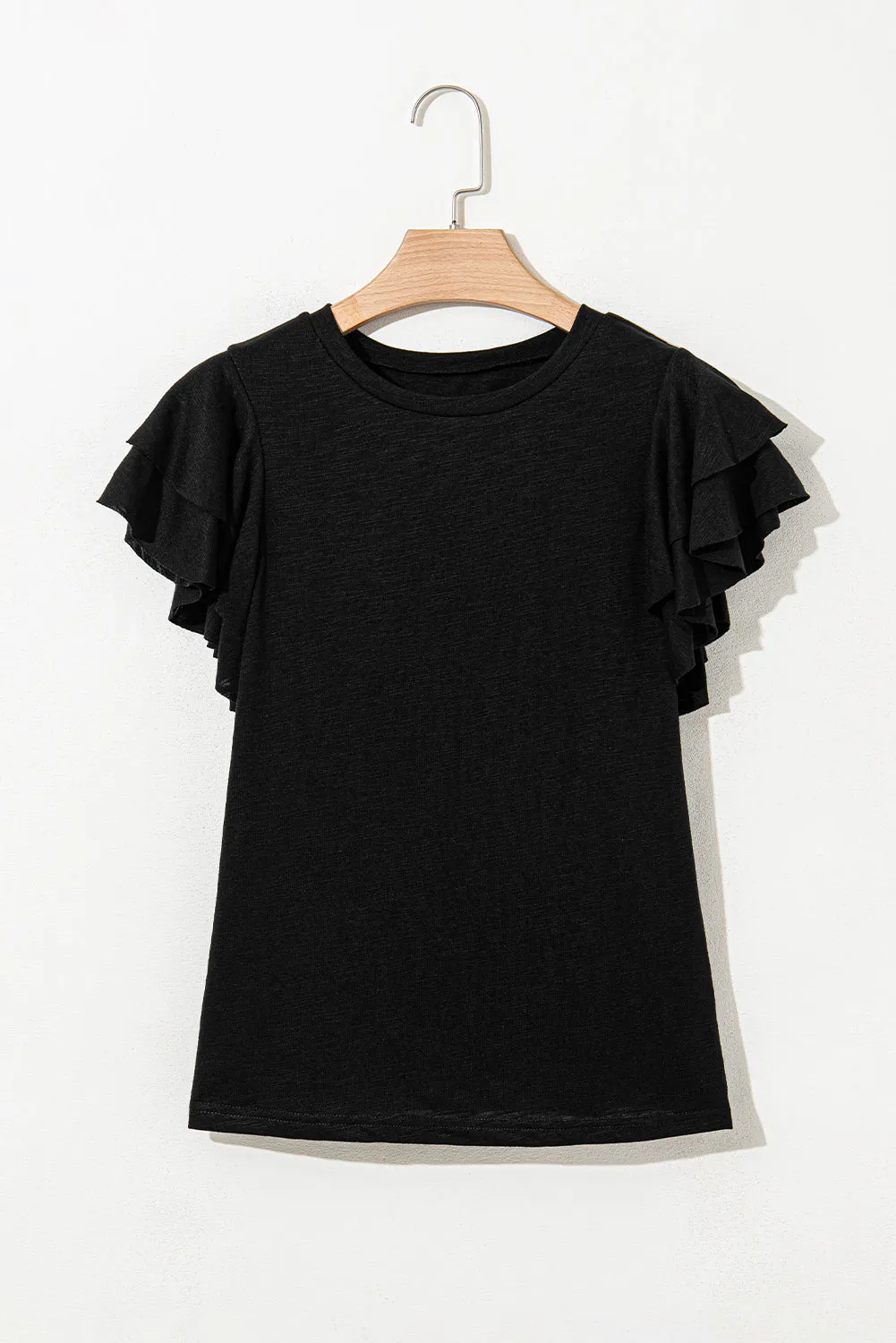 Black Layered Ruffle Short Sleeve Round Neck Top for Women