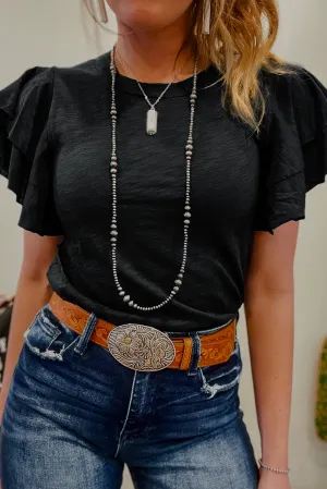 Black Layered Ruffle Short Sleeve Round Neck Top for Women