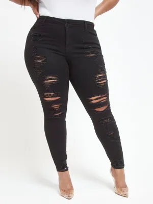 Black Mid-Rise All Over Destructed Skinny Jeans - Short Inseam