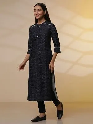 Blue Denim Textured Kurta and Denim Jegging Set