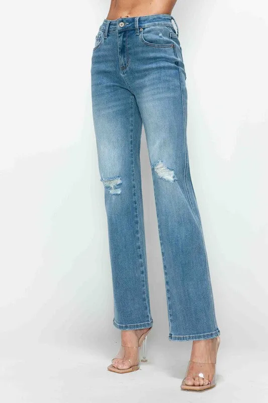 Blue Distressed High Rise Straight Jeans