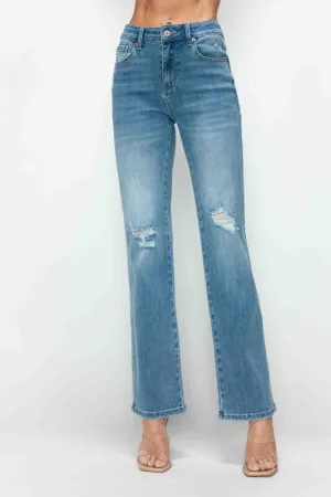 Blue Distressed High Rise Straight Jeans