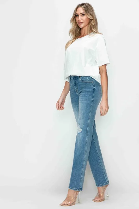 Blue Distressed High Rise Straight Jeans