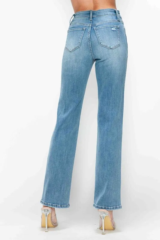 Blue Distressed High Rise Straight Jeans