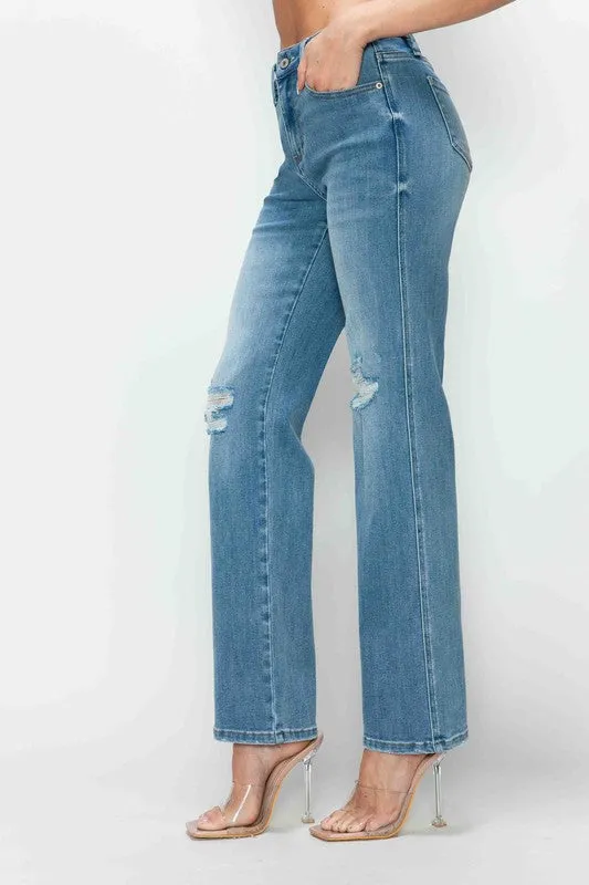 Blue Distressed High Rise Straight Jeans
