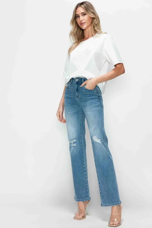 Blue Distressed High Rise Straight Jeans