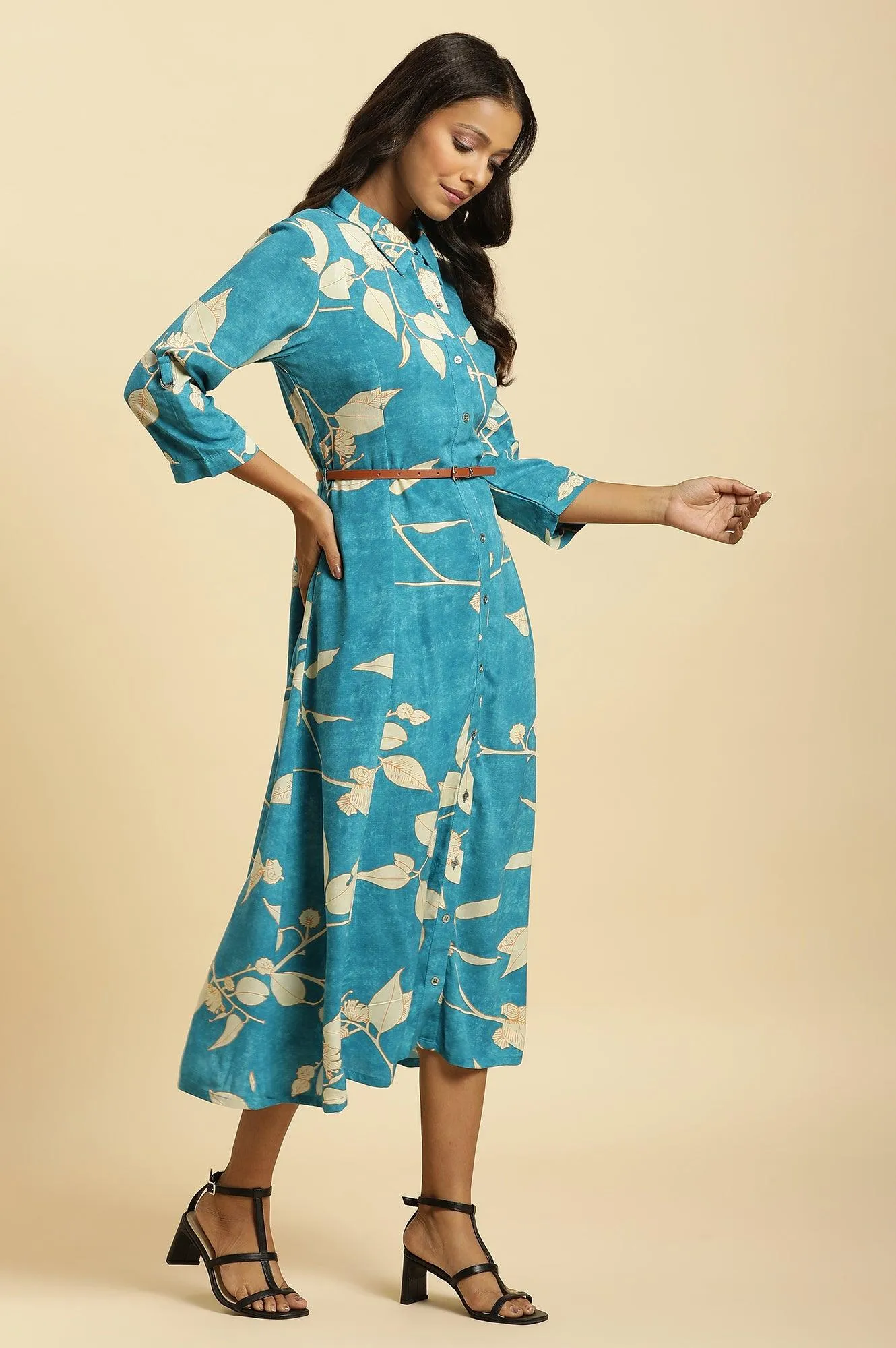 Blue Long Shirt Dress In Abstract Print