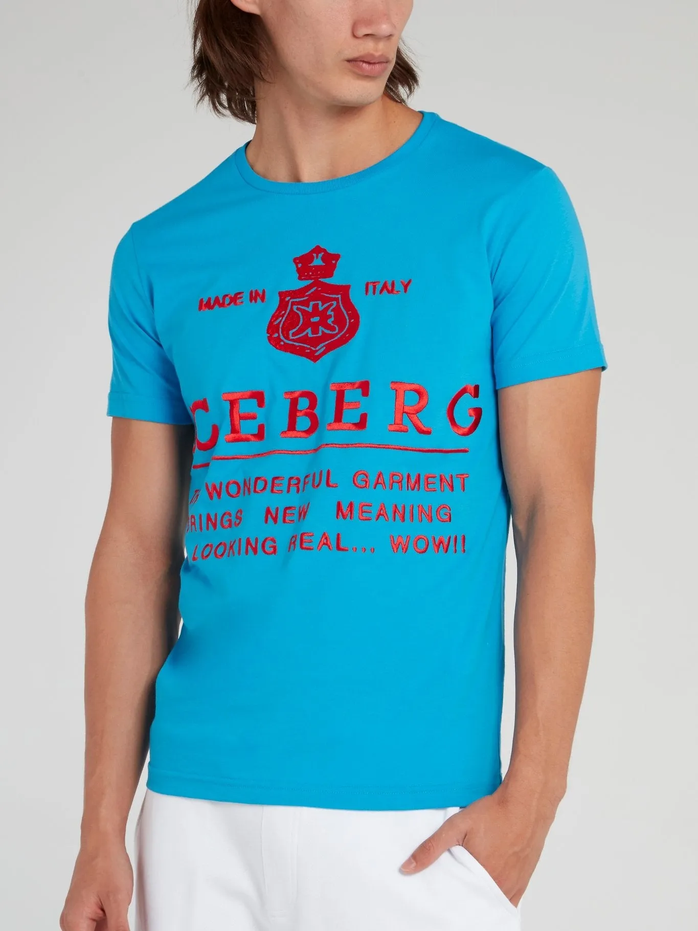 Blue with Red Logo Embroidered Cotton T-Shirt