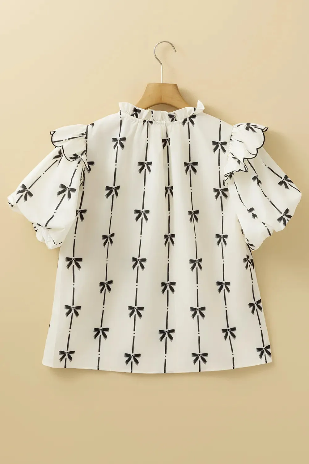 Bow Print Tie Neck Short Sleeve Blouse