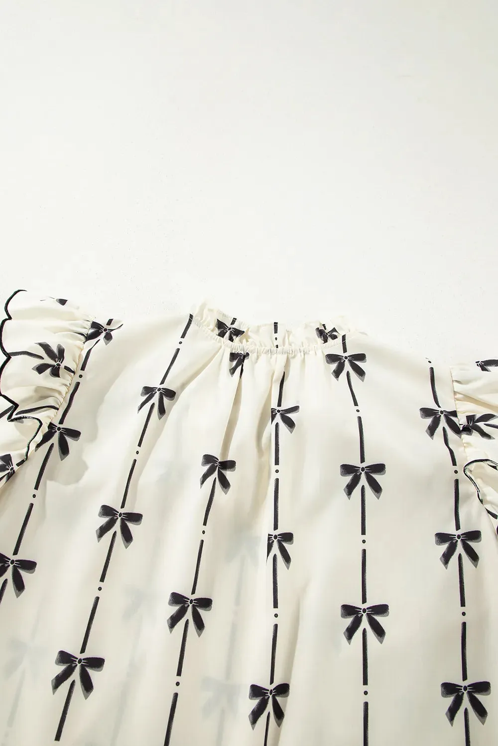 Bow Print Tie Neck Short Sleeve Blouse