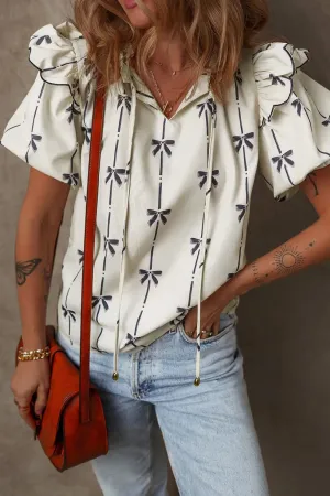 Bow Print Tie Neck Short Sleeve Blouse