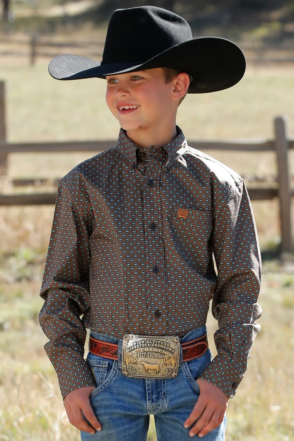 BOYS BROWN PRINT CINCH LONG SLEEVE SHIRT