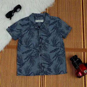 Boys Denim Floral Print Shirt Captain Blue