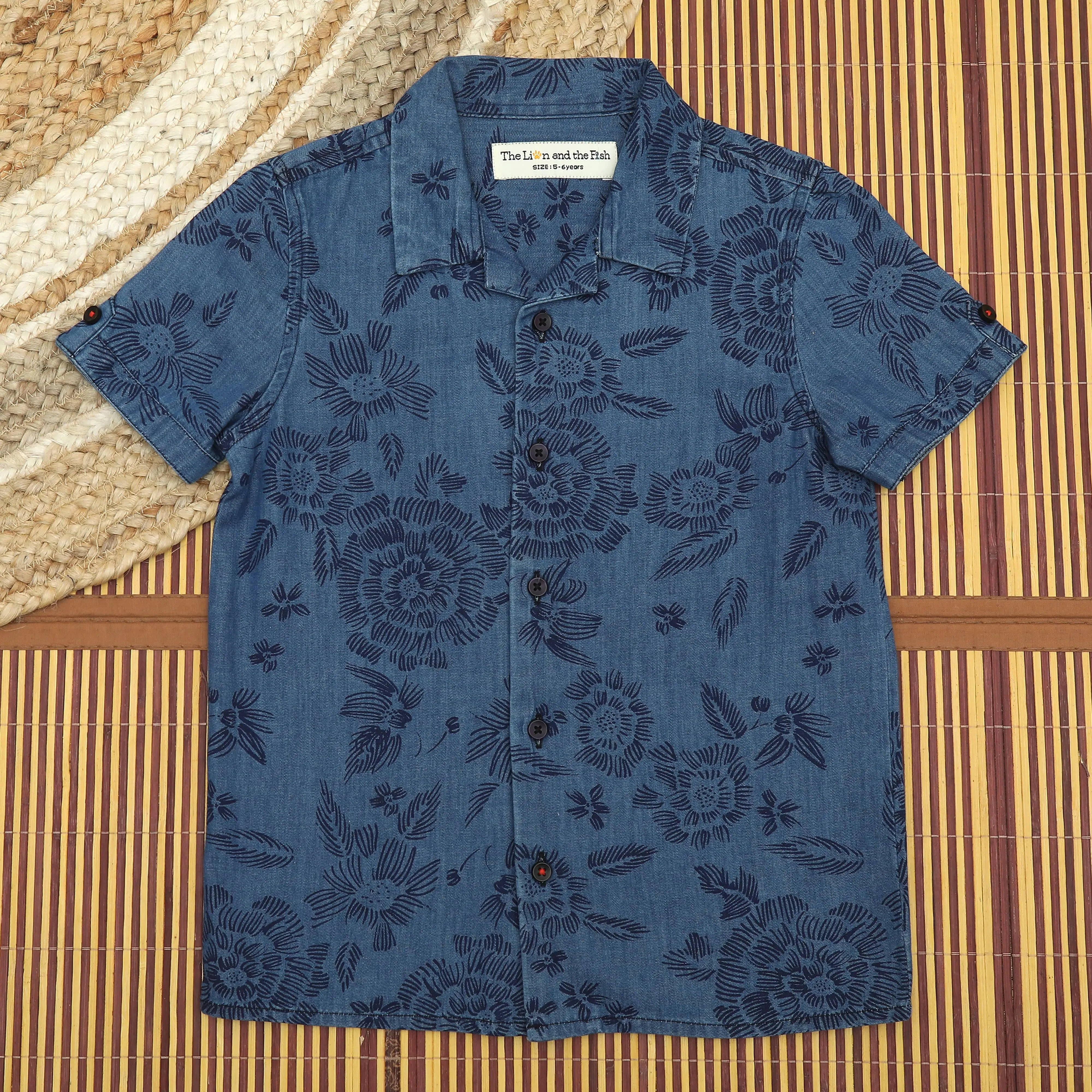 Boys Denim Printed Shirt Aegean Blue