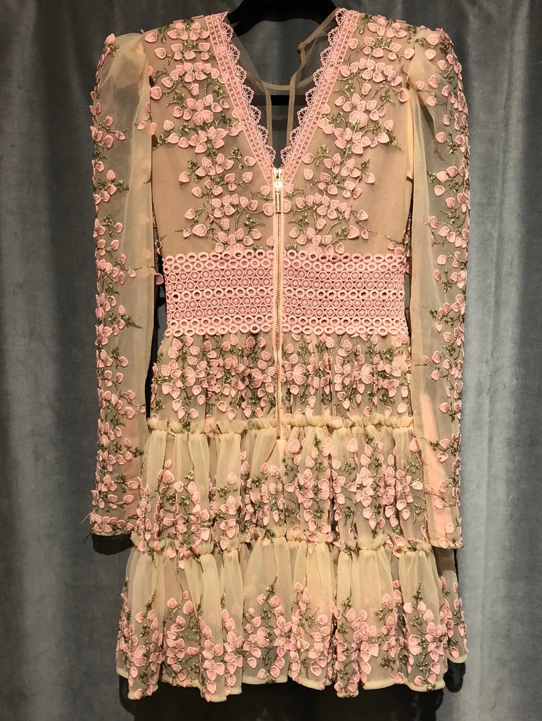 BRONX & BANCO Long Sleeve Pink and Sheer Layered Dress