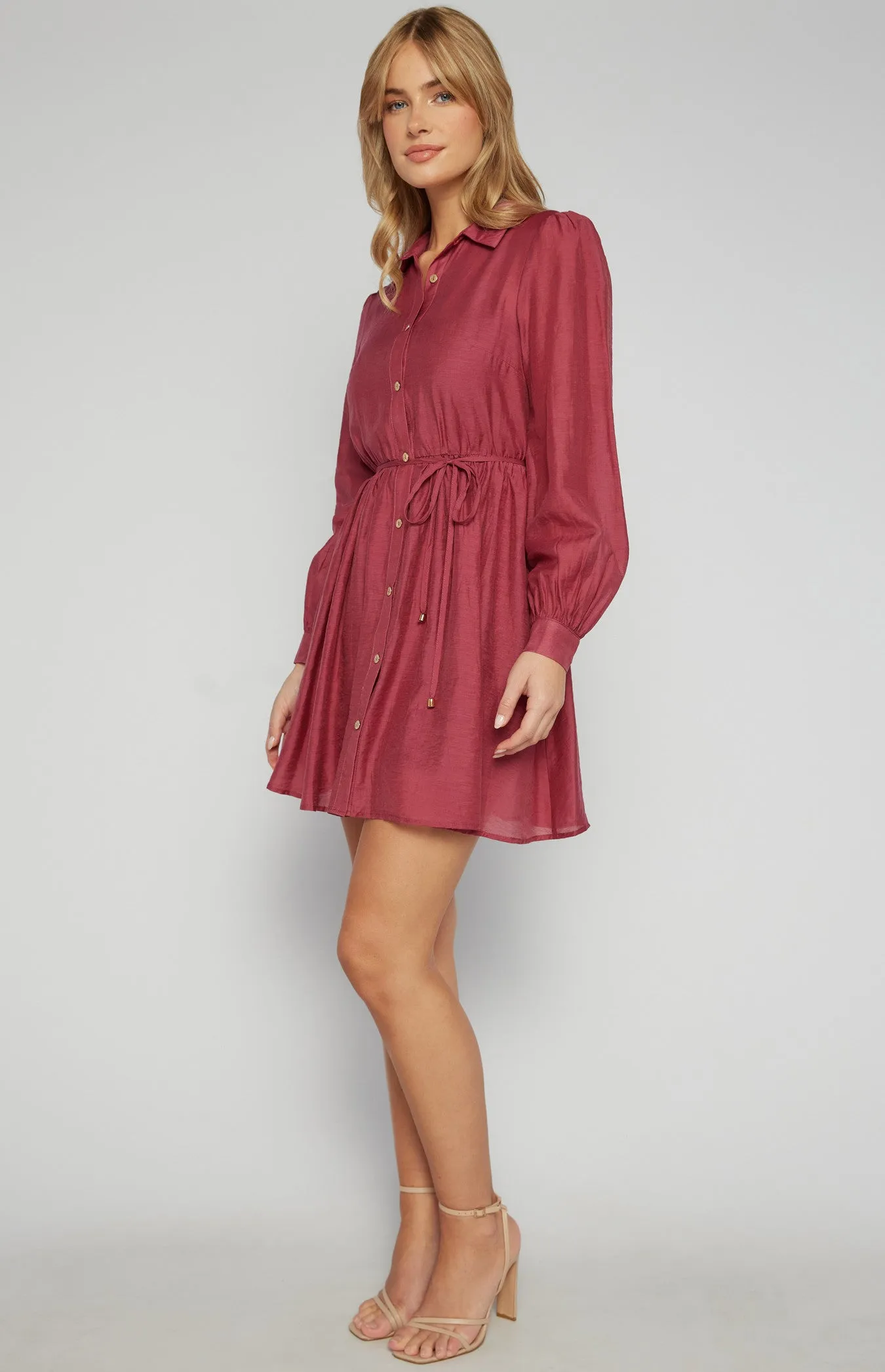 Burgundy Textured Mini Shirt Dress with Gold Buttons